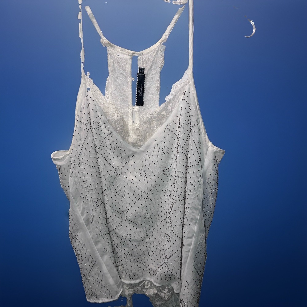 Cami fairy boho beaded eyelash lace romantic whimsy racerback Ivory size M ivory